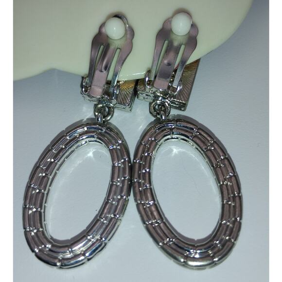 Vintage Givenchy Silver Tone Teal Rhinestone Drop Clip-On Earrings - Picture 2 of 3